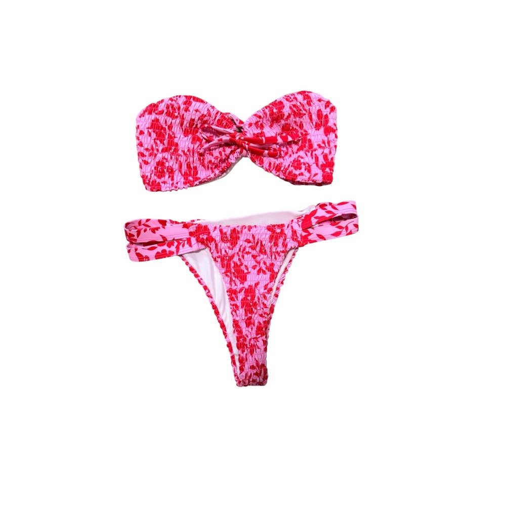 Pink Red Floral Smocked Bandeau Bikini Set Two Piece Swimsuit Small NWOT